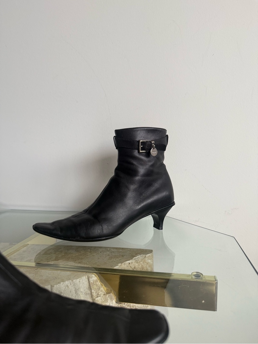 Black Leather PRADA Ankle Boots with kitten Heel